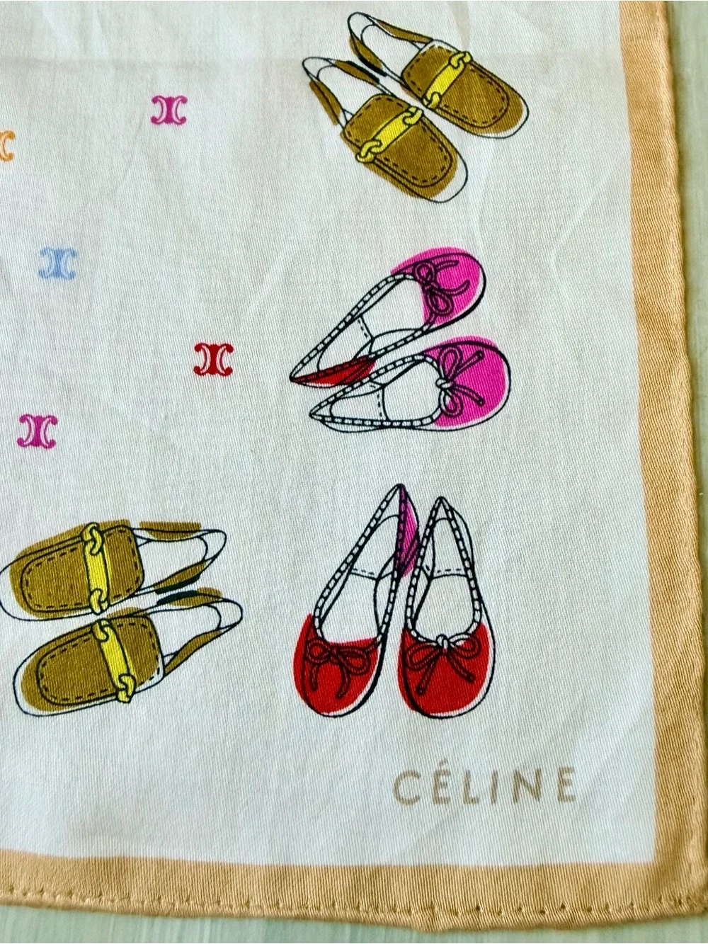 Céline Macadam Blazon White Cotton Square Scarf Whimsical Shoes Print